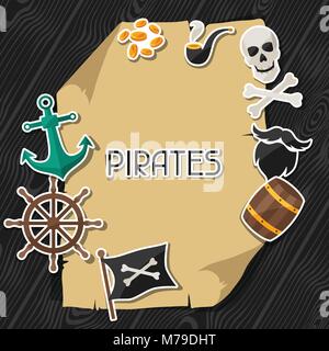 Contexte Le thème de pirates avec des autocollants et des objets Illustration de Vecteur
