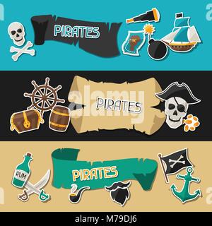 Bannières sur le thème des pirates avec des autocollants et des objets Illustration de Vecteur