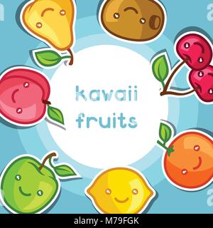 Arrière-plan avec cute kawaii smiling fruits autocollants Illustration de Vecteur