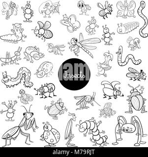 Illustration Cartoon noir et blanc de personnages animaux insectes grand ensemble Coloring Book Illustration de Vecteur