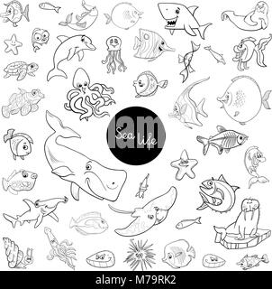 Illustration Cartoon noir et blanc de la vie marine des caractères des animaux Grande Collection Coloriages Illustration de Vecteur