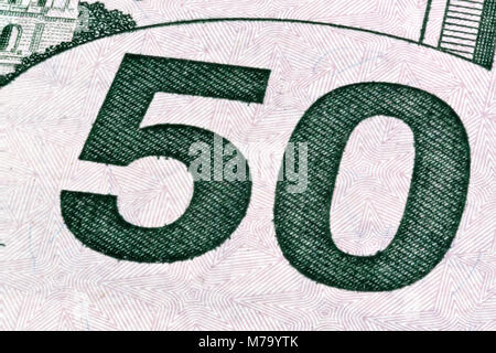 Détail de cinquante dollars américains, isolés fin empilés. Banque D'Images