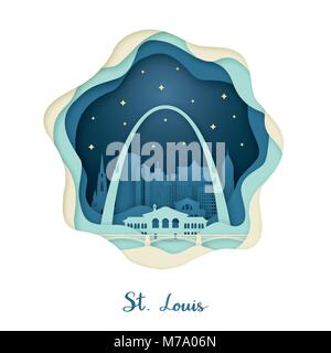 L'art du papier de Saint Louis. Concept d'origami. Ville de nuit avec des étoiles. Vector illustration. Illustration de Vecteur