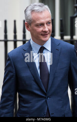 Londres, Royaume-Uni. 6 mars, 2018. Bruno Le Maire, Ministre français de l'économie, laisse 11 Downing Street après une réunion avec le Chancelier de l'Echiquier Banque D'Images