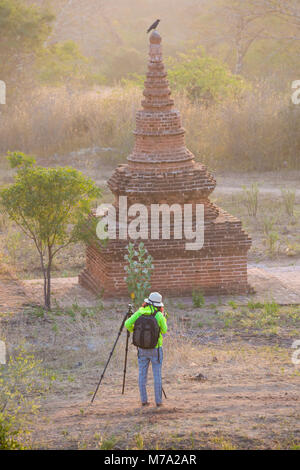 La mise en place de visiteurs à prendre un trépied photo de temples in early morning light, prises au monticule en brique près de Taungbi Village à Bagan, Myanmar (Birmanie), l'Asie Banque D'Images