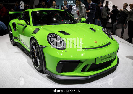 Genève, SUISSE - Le 6 mars 2018 : Nouvelle Porsche 911 GT3 RS sports car présenté lors de la 88e Salon International de l'Automobile de Genève. Banque D'Images