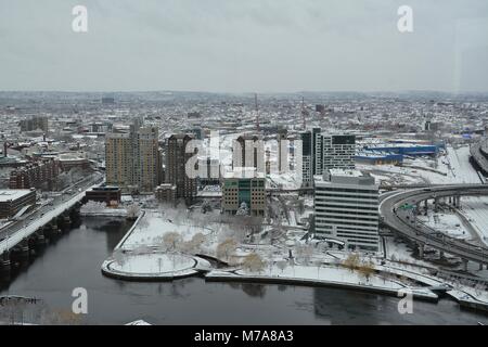 Boston a vu de dessus après un hiver Nor'Easter. Boston, Massachusetts, États-Unis Banque D'Images