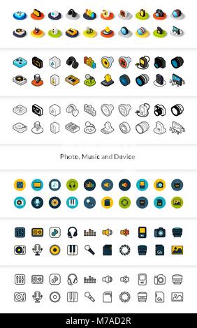 Ensemble d'icônes de styles - télévision isométrique et otline, colorés et les versions noires, symboles vectoriels - appareil photo et musique collection Illustration de Vecteur