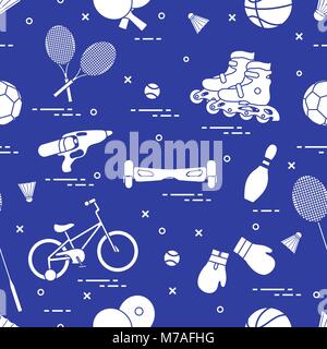 Modèle avec Vélo, rollers, gyroscooter, gants de boxe, pistolet à eau, et des marchandises pour bowling, tennis de table, tennis, badminton, football, basket-ball. Illustration de Vecteur