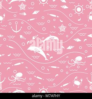 Motif transparent mignon avec les dauphins, les pieuvres, poissons, anchor, Helm, vagues, coquillages, étoiles de mer, le crabe. Pour la conception d'affiches, de bannières ou d'impression. Illustration de Vecteur