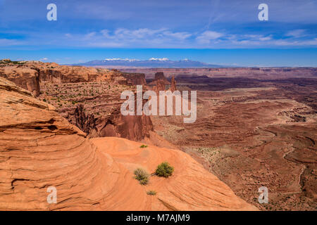 Les États-Unis, l'Utah, le comté de San Juan, Moab, Canyonlands National Park, dans le ciel de l'île, vue sur la Mesa Arch vers les Montagnes La Sal Banque D'Images