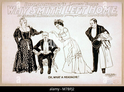 Une affiche promotionnelle pour la farce de George H. Broadhurst "pourquoi Smith a quitté la maison", mettant en valeur l'humour et le commentaire social de la pièce. La farce reflète le style de Broadhurst, connu pour ses dialogues pleins d'esprit et ses situations comiques. Banque D'Images