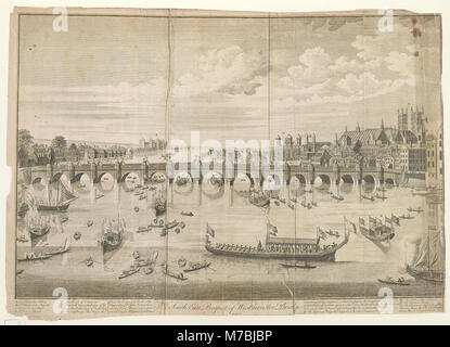 Cette image montre une vue sud-est du pont de Westminster, capturant ses détails architecturaux et son rôle dans le paysage urbain de Londres. La photographie souligne l'importance historique et urbaine du pont. Banque D'Images