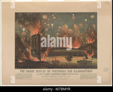 Une grande exposition de feux d'artifice et d'illuminations célébrant l'ouverture du pont de Brooklyn entre New York et Brooklyn le 24 mai 1883. Cet événement historique a marqué un moment clé dans l’ingénierie américaine. Banque D'Images