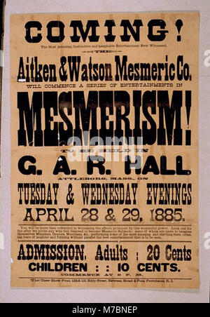 À venir ! Aitken & Watson Fielleux mesmérien Co. va commencer une série de divertissements en magnétisme ! Qui se tiendra à G.A.R. Hall, Attleboro, Massachusetts) le mardi et mercredi soir, 28 et 29 avril 1885. Rcac2014636875 Banque D'Images