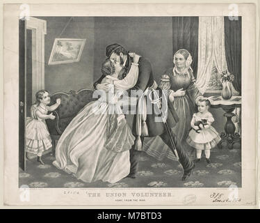 Une représentation d'un volontaire de l'Union rentrant chez lui après la guerre de Sécession. L'image capture le moment émotionnel de la réintégration dans la société après le conflit. Banque D'Images