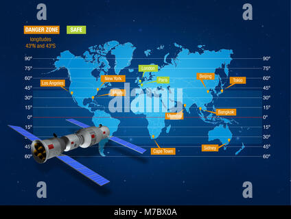 Carte montrant la zone à risque où la La société chinoise Tiangong-1 station spatiale va se planter en terre avec modèle 3D de la station spatiale sur fond bleu foncé Banque D'Images