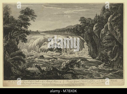 Cette vue panoramique montre les grandes chutes Cohoes sur la rivière Mohawk, avec une hauteur d'environ soixante-dix pieds et une largeur de près d'un quart de mille, illustrant sa beauté naturelle et son importance géologique. Banque D'Images