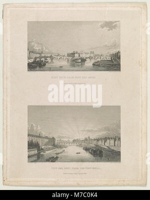 Une vue historique du Pont neuf, prise depuis le Pont des Arts, avec le Pont Royal en arrière-plan, mettant en valeur les ponts parisiens emblématiques et la Seine. Banque D'Images