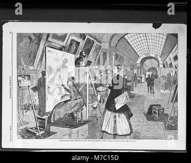 Une image représentant des étudiants en art et des copistes travaillant dans la galerie du Louvre à Paris. Cette illustration de Winslow Homer met en valeur l’atmosphère pédagogique et artistique du musée au XIXe siècle. Banque D'Images