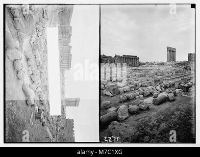 Une image de la grande cour de Baalbek, montrant les temples de Jupiter et Bacchus. Ces structures emblématiques de l'ancienne ville de Baalbek sont des exemples monumentaux d'architecture romaine et de sites religieux. Banque D'Images