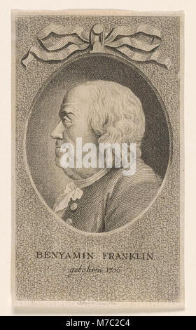 Gravure de Benjamin Franklin, né en 1706, créée par D. Berger en 1783. Cette image historique capture Franklin, l'un des pères fondateurs de l'Amérique, qui a joué un rôle clé dans la Révolution américaine et dans le façonnement de la nation. Banque D'Images