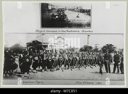 Une photocopie présentant deux images historiques de soldats, l'une montrant le commandement de Morgan au pénitencier de l'Ohio, Columbus, et l'autre représentant des soldats en Louisiane. Ces photographies reflètent l'histoire militaire pendant la guerre de Sécession. Banque D'Images