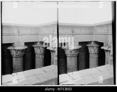 L'image représente des vues d'Assuan et de Philae en Égypte, avec un accent sur les capitales du temple d'Isis situé sur l'île de Philae. Ces caractéristiques architecturales soulignent la beauté de la conception des temples égyptiens anciens. Banque D'Images