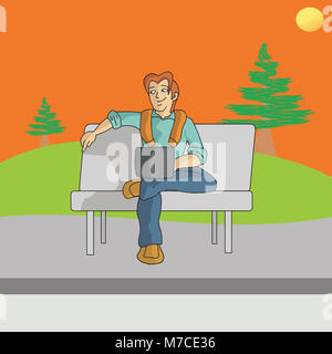Homme assis sur un banc de parc avec un ordinateur portable Banque D'Images
