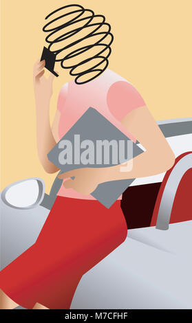 Businesswoman holding a mobile phone appuyé contre une voiture