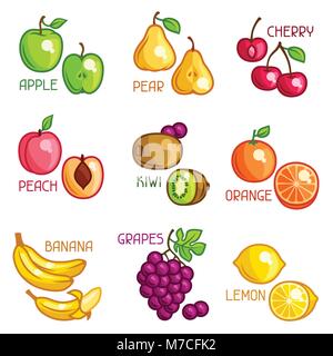 Ensemble de fruits stylisés sur fond blanc Illustration de Vecteur