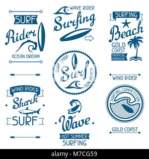 Définir des étiquettes et des emblèmes de surf sur fond blanc Illustration de Vecteur