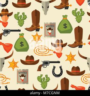 Wild West modèle transparent avec des objets et des éléments design cowboy Illustration de Vecteur