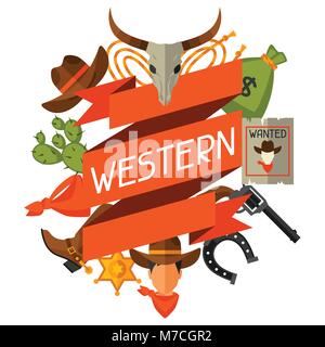 Wild West cow-boy avec l'arrière-plan et les éléments de conception des objets Illustration de Vecteur