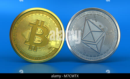 3d illustration de l'Ethereum bitcoin et coins sur fond bleu Banque D'Images