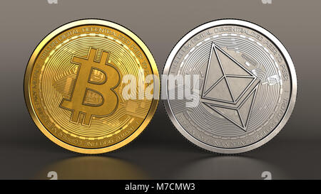 3d illustration de l'Ethereum et bitcoin sur fond métallique des pièces Banque D'Images