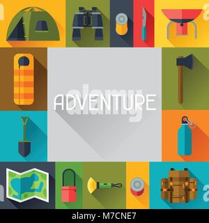 Contexte touristique avec l'équipement de camping dans le style plate Illustration de Vecteur