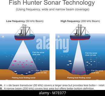 Signal Sonar systèmes sont généralement utilisé sous l'eau pour la télémétrie et la détection. Le sonar actif émet un signal sonore, ou strident Illustration de Vecteur