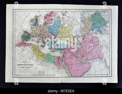 1858 Delamarche Europe Site - Empire carolingien de Charlemagne et le monde musulman arabe Banque D'Images