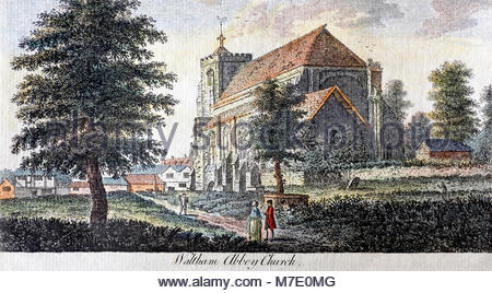 Église de Waltham Abbey, gravure ancienne circa 1800s Banque D'Images