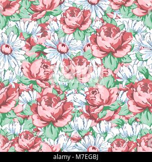 Rose fleur de camomille et dessin à la main, motif floral seamless vector background, broderie florale, ornement floral solide texture. Bourgeons à fleurs rose rose tiré blanc et la camomille. Pour les dessins de tissu Illustration de Vecteur