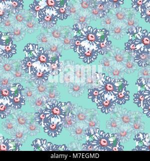 Dessin à la main de fleurs de camomille, motif floral seamless vector background, broderie florale en ornement. Les bourgeons de fleurs de camomille blanc dessiné sur fond bleu vert. Pour les tissus, papiers peints design Illustration de Vecteur