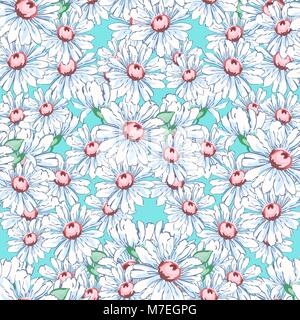 Dessin à la main de fleurs de camomille, motif floral seamless vector background, broderie florale en ornement. Les bourgeons de fleurs de camomille blanc dessiné et feuilles sur fond vert. Pour les tissus, papiers peints design Illustration de Vecteur