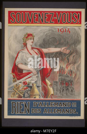 Une affiche de propagande de 1914, intitulée 'Souvenez-vous ! Rien d'Allemand ! ! ! Des Allemands', mettant l'accent sur le sentiment anti-allemand pendant la première Guerre mondiale, l'œuvre reflète l'atmosphère émotionnelle et politique de l'époque. Banque D'Images