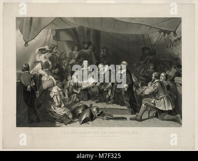 Cette image historique montre l'embarquement des pèlerins, décrivant leur voyage alors qu'ils se préparaient à naviguer vers l'Amérique. C’est un moment important dans les débuts de l’histoire américaine et reflète les motivations religieuses et culturelles derrière le voyage. Banque D'Images