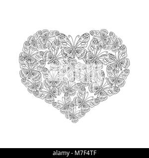 Illustration Vecteur de forme de coeur de noir et blanc papillon. Livre à colorier pour la Saint-Valentin Illustration de Vecteur