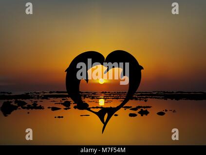 Vector illustration de deux amoureux des dauphins en forme de coeur au coucher et au lever du soleil sur la mer Illustration de Vecteur