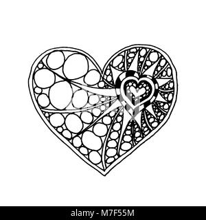 Vector illustration de doodle hand drawn coeur. Livre à colorier pour la Saint-Valentin. Carte en noir et blanc de Saint Valentines Day. Symbole de l'amour Illustration de Vecteur