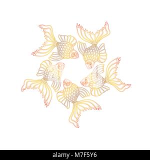Vector hand drawn goldfishes flottant dans un cercle. Line art design poisson rouge Illustration de Vecteur