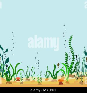 Seamless Vector bordure décorative de caricature des fonds marins avec l'algue et seahorse Illustration de Vecteur